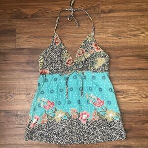 Vintage Womens Y2K Floral‎ Boho Halter Top Cotton Lightweight XS Summer Ruffles